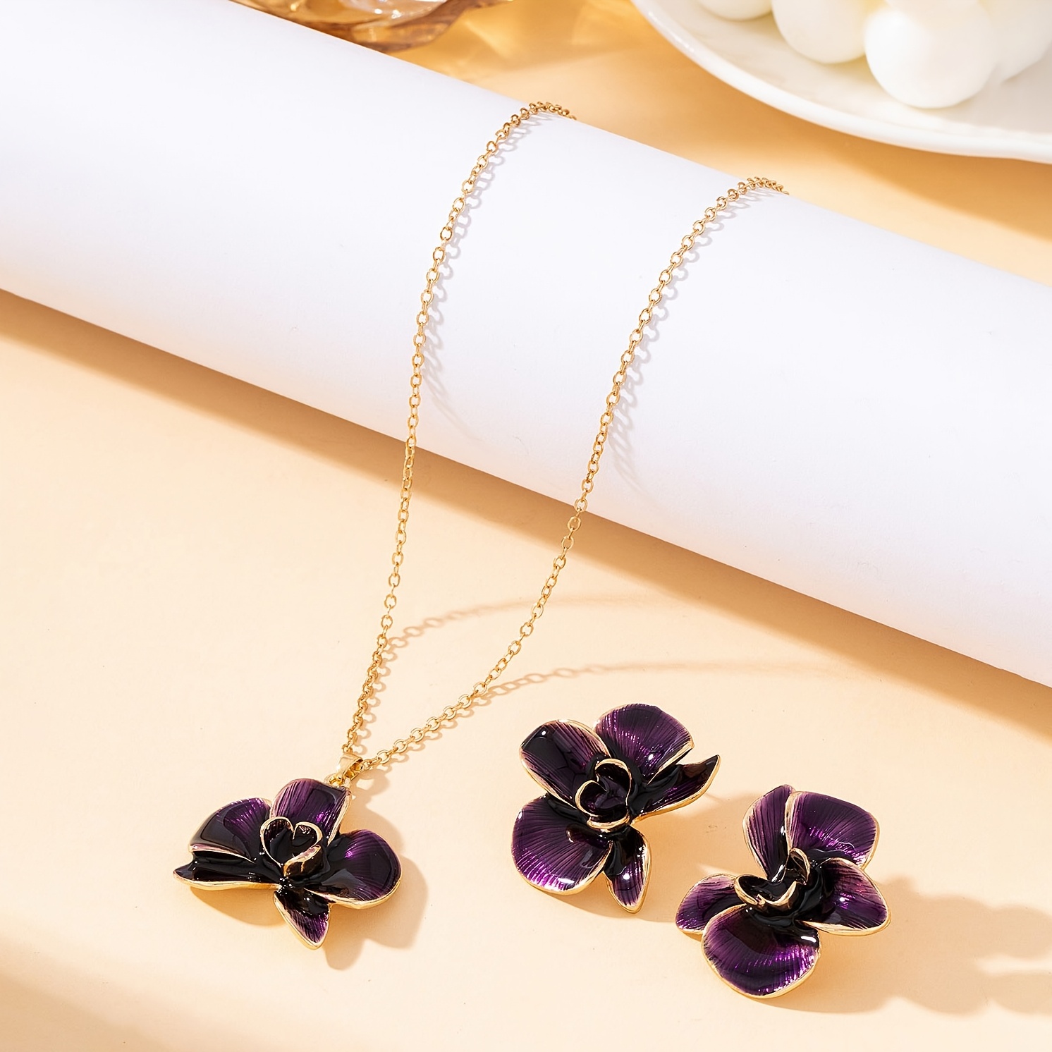 3pc Deep Purple Dyed Enamel Orchid Necklace & Earrings Set